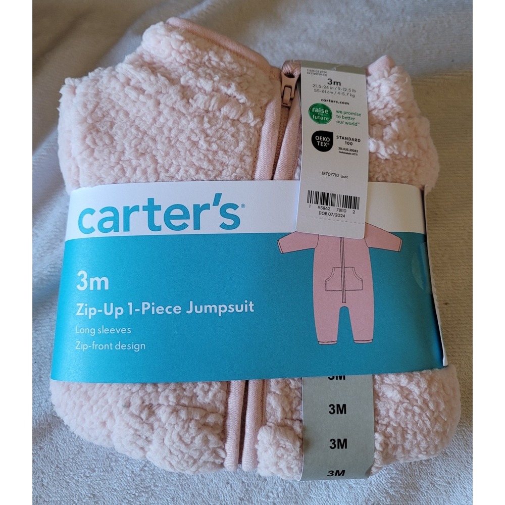 Carters Zip-Up 1 Piece Warm Long Sleeve Easy Care Jumpsuit 3M pink fleece